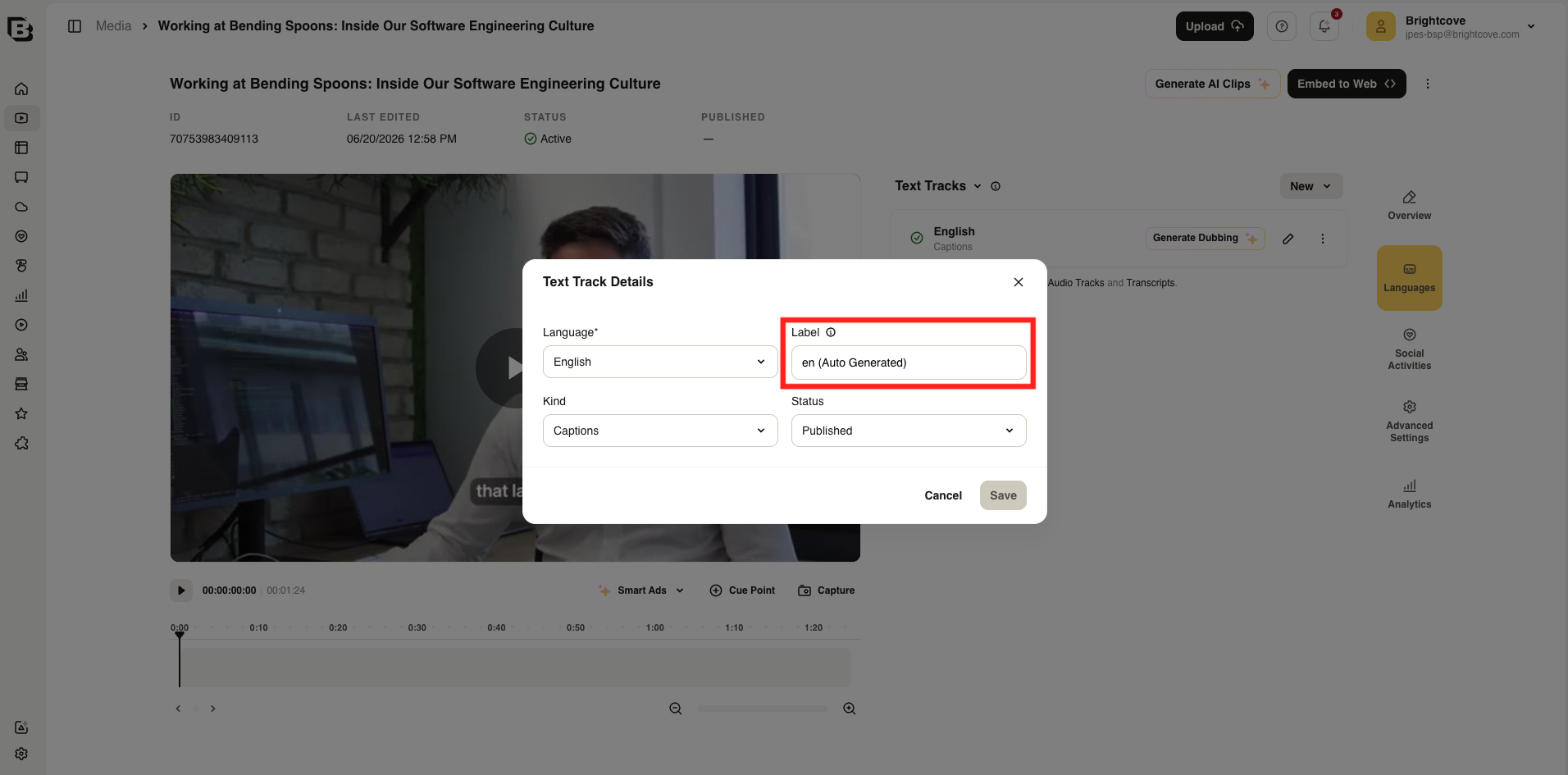Text Track Details dialog showing the label field with an AI transparency label