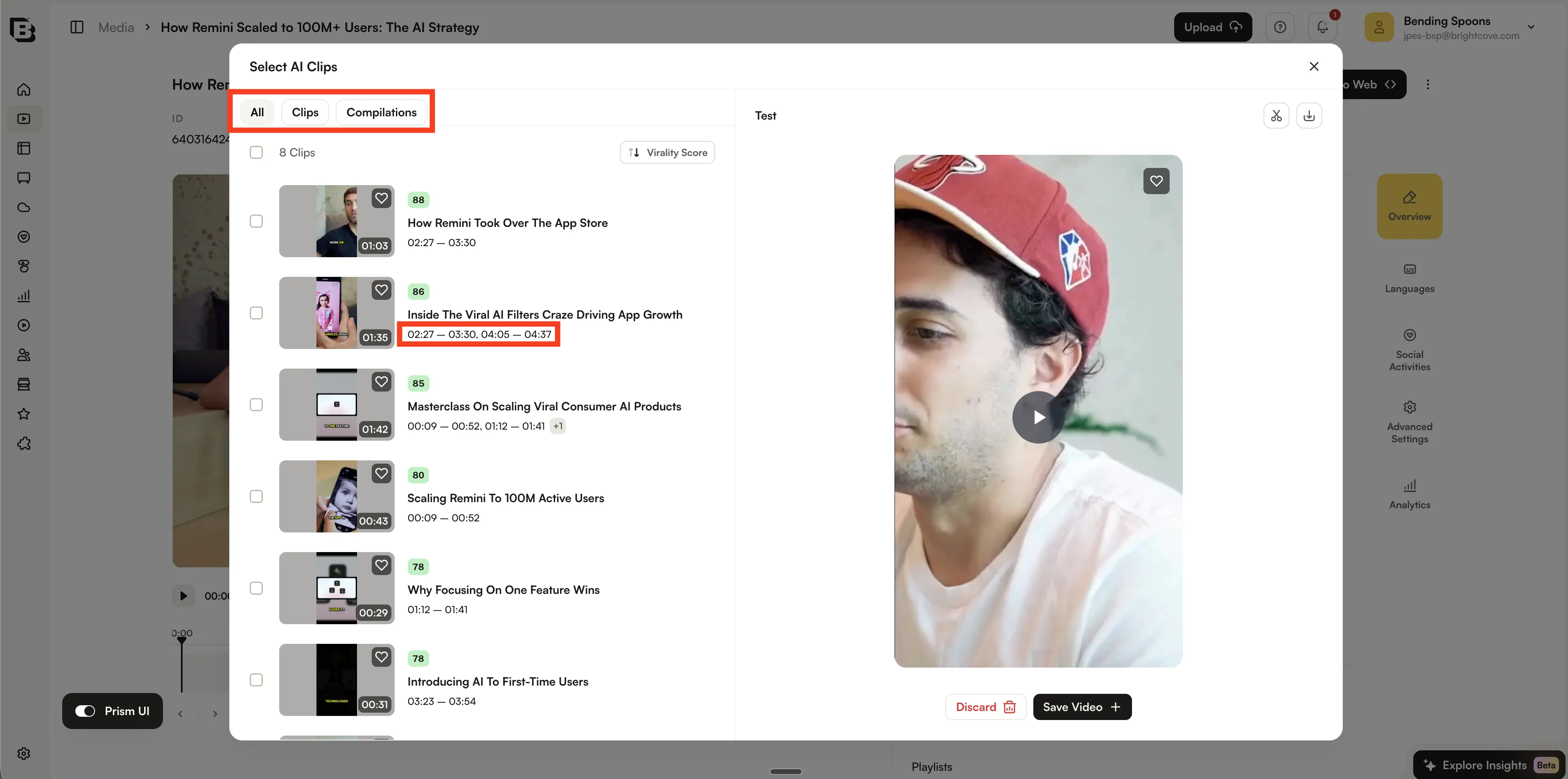 All、Clips、Compilation のフィルターが表示された AI クリップを選択モーダル