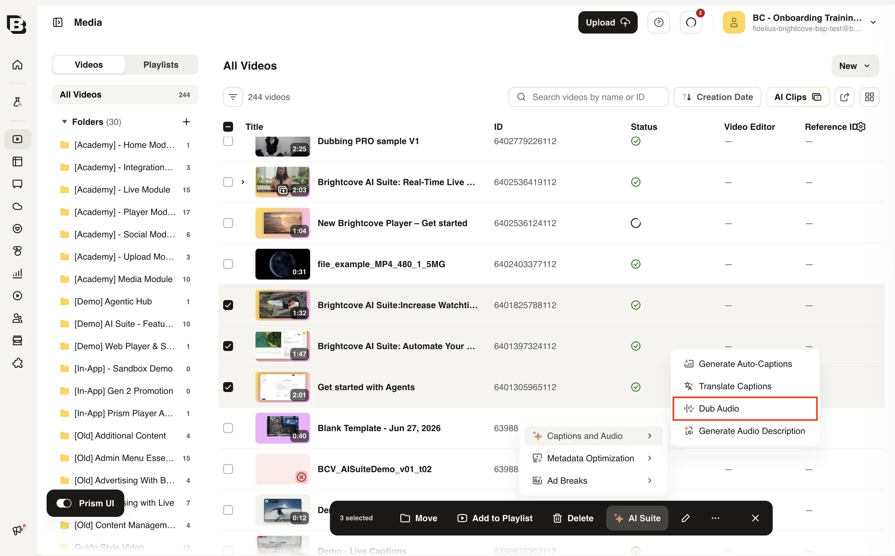 Media モジュールの選択画面で AI Suite の Captions and Audio メニューを開き、Dub Audio が強調表示されている画面