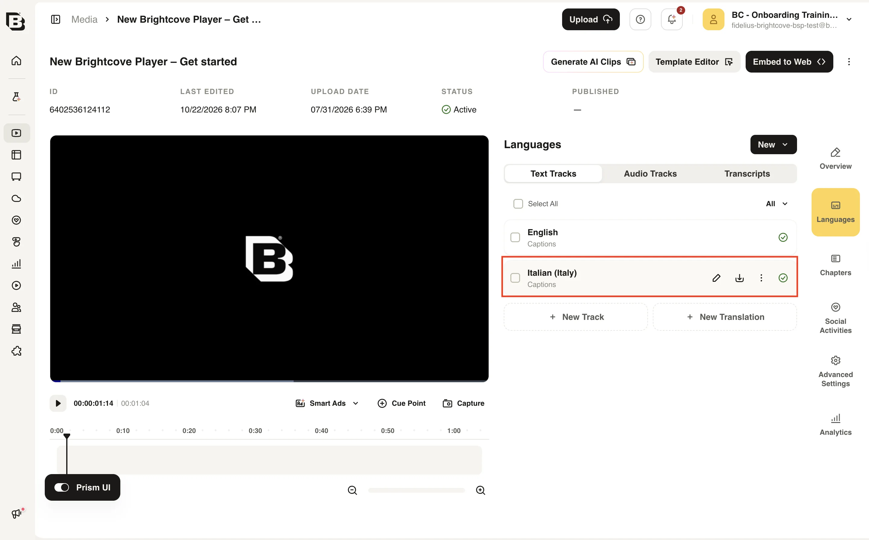 編集アクションが表示されているイタリア語キャプション トラックの Text Tracks タブ
