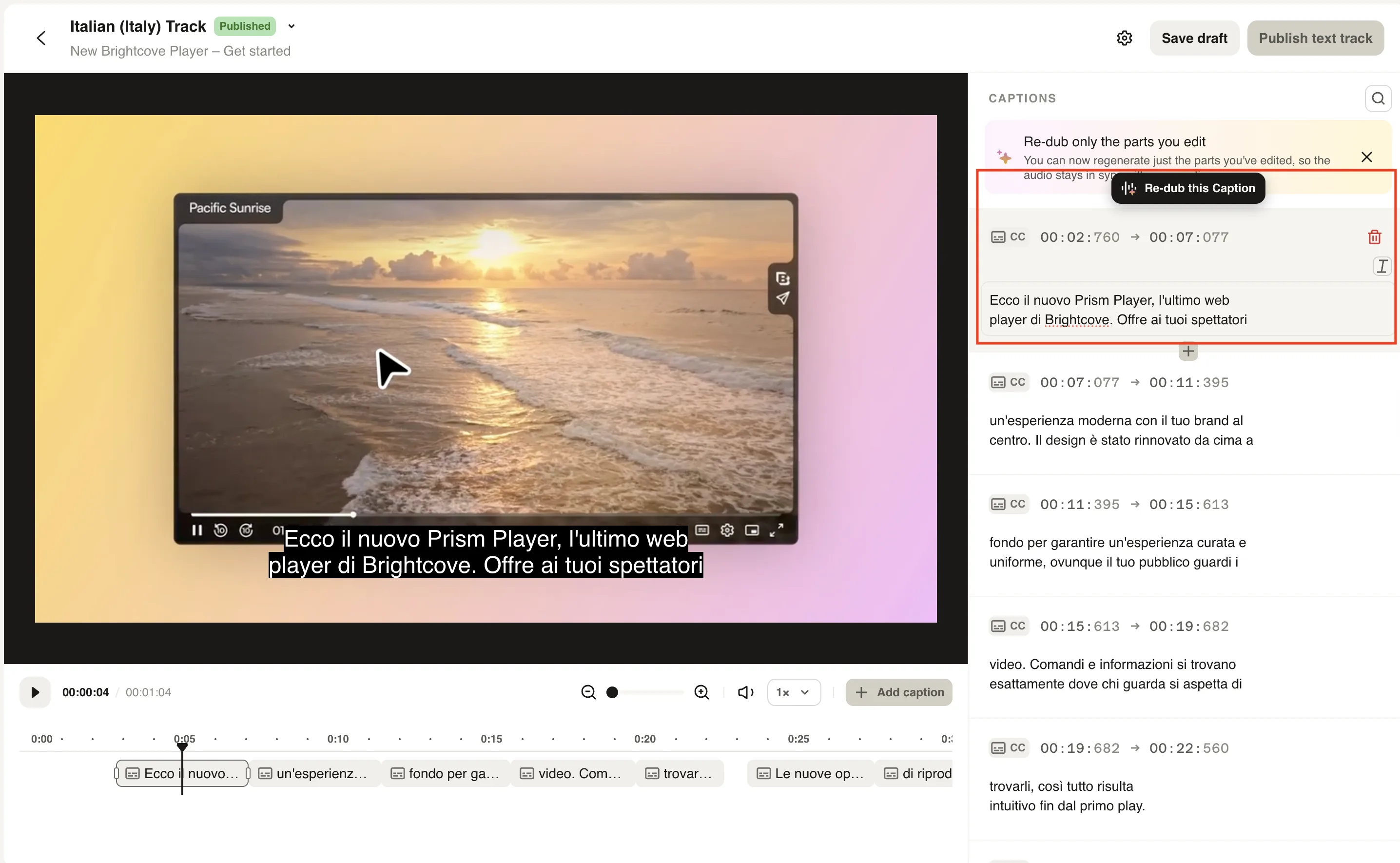 編集したキャプション ブロックで Re-dub this Caption が強調表示されているキャプション エディター
