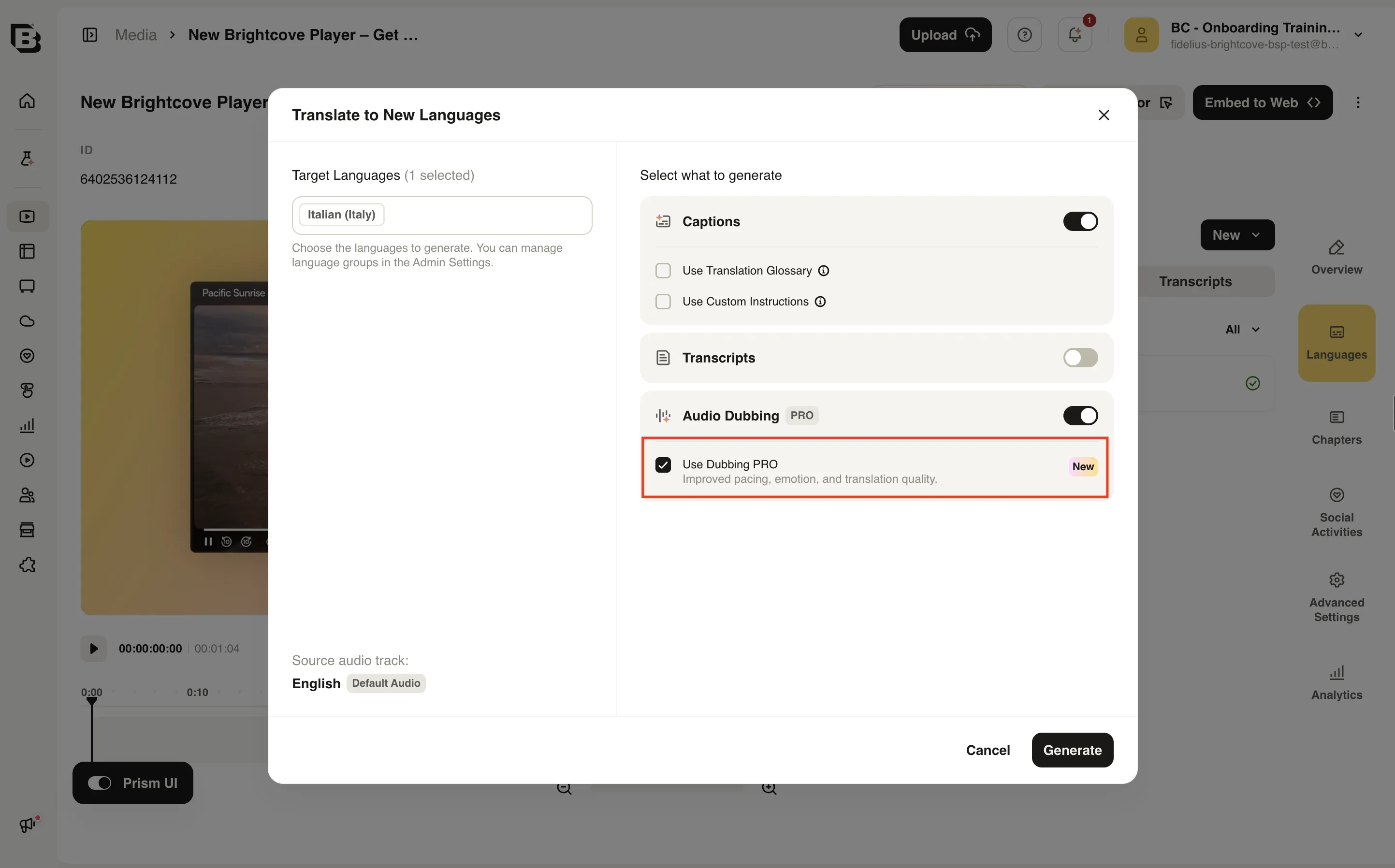 Audio Dubbing PRO をオンにし、Use Dubbing PRO を選択した Translate to New Languages ダイアログ