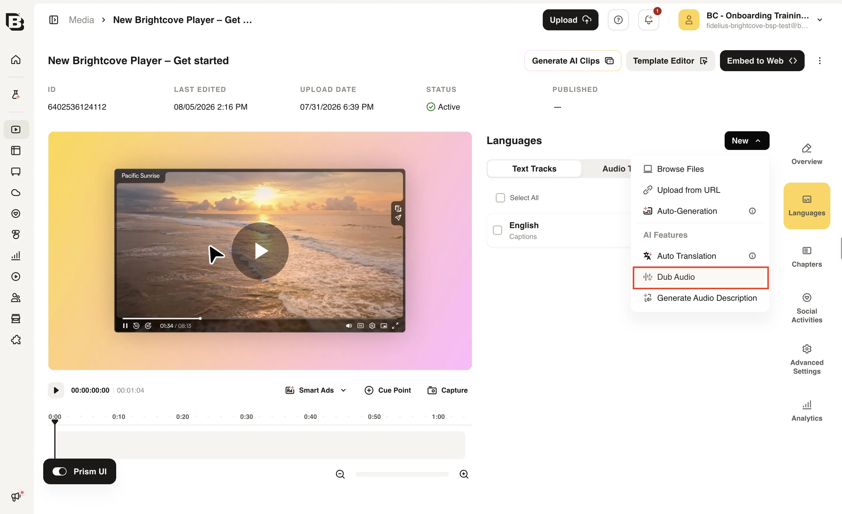 Languages セクションで New メニューを開き、Dub Audio が強調表示されている画面