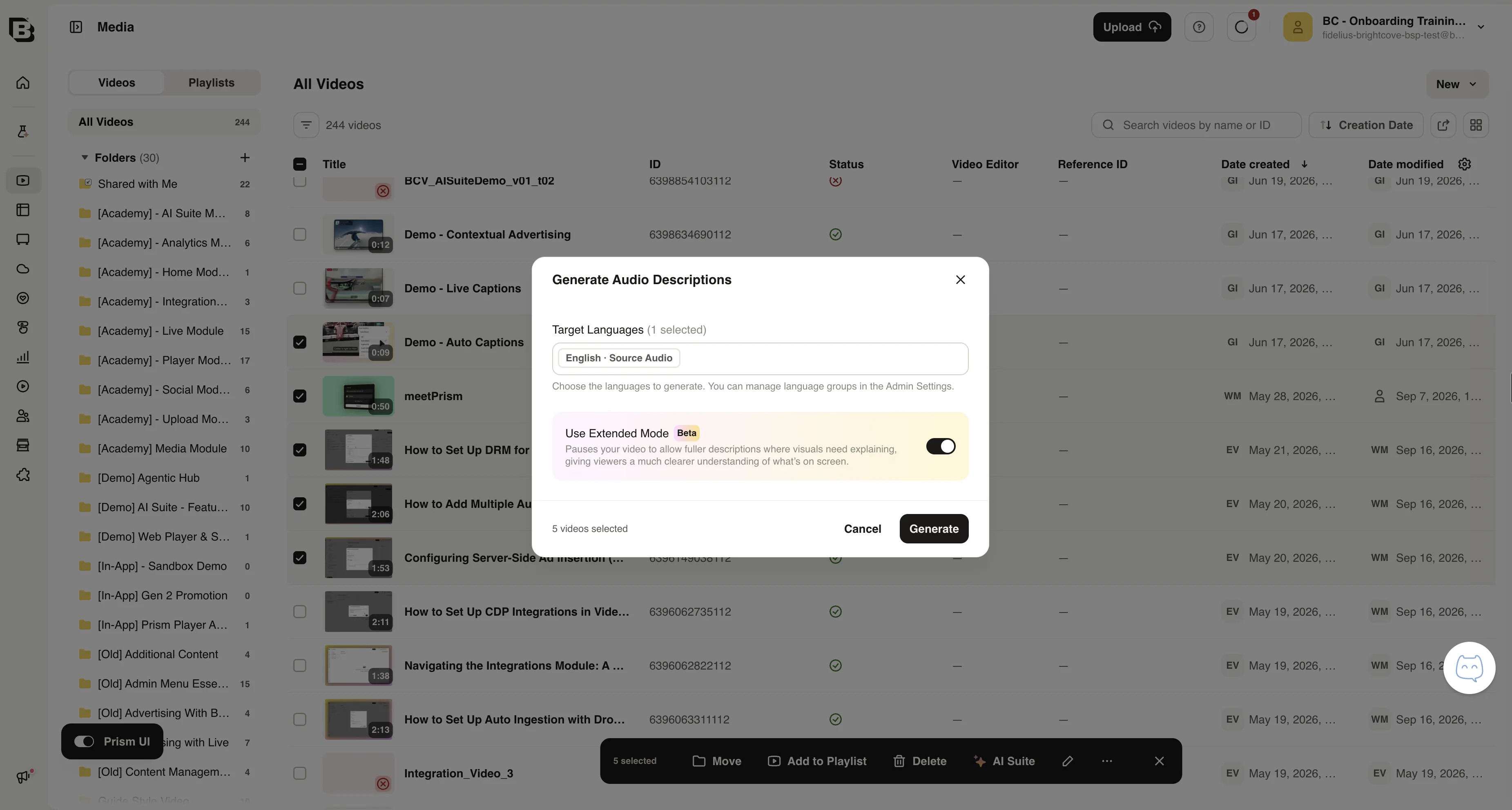 Use Extended Mode をオンにした一括 Generate Audio Descriptions ダイアログ