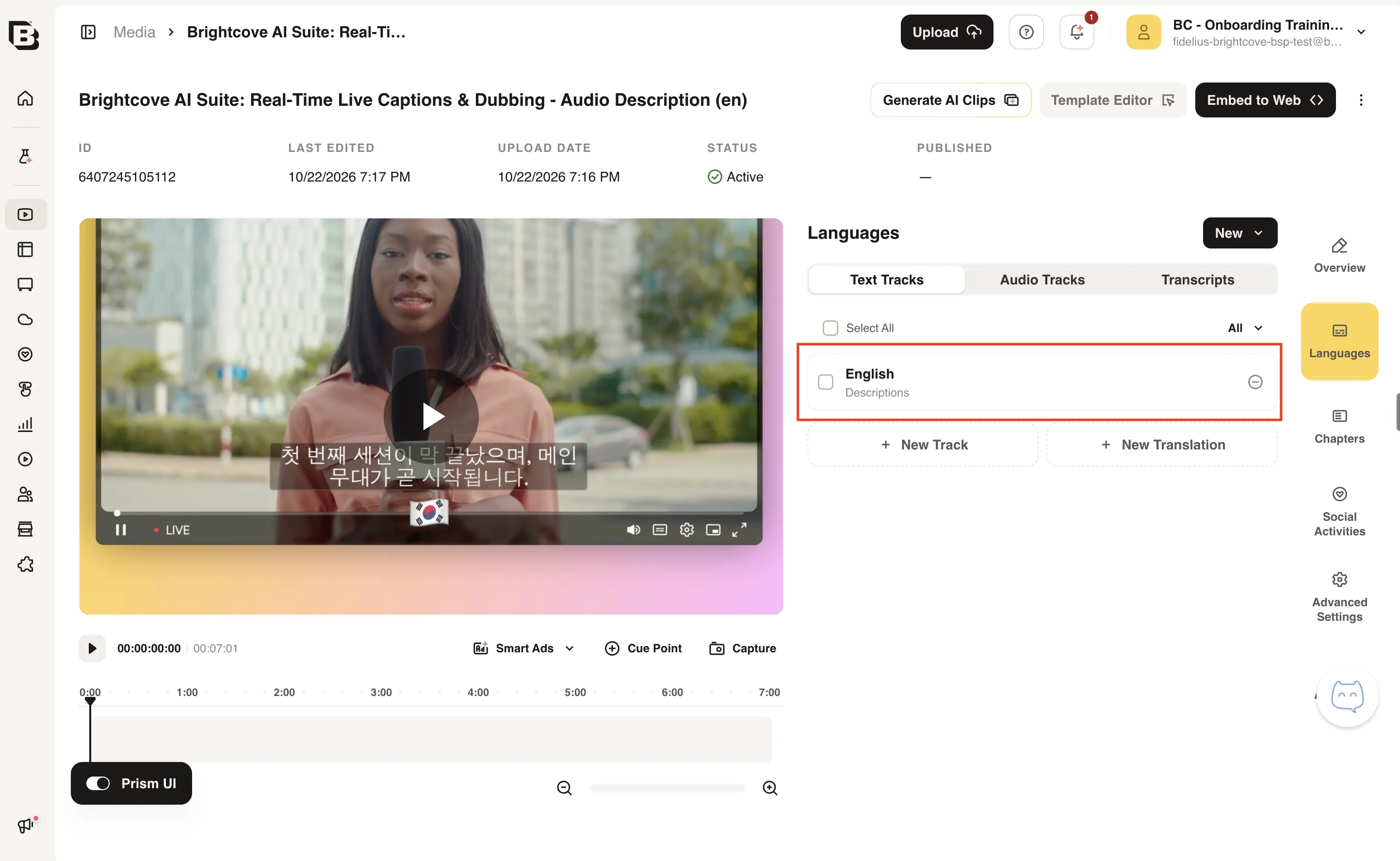 子動画の Text Tracks タブに英語の Descriptions トラックが表示されている画面