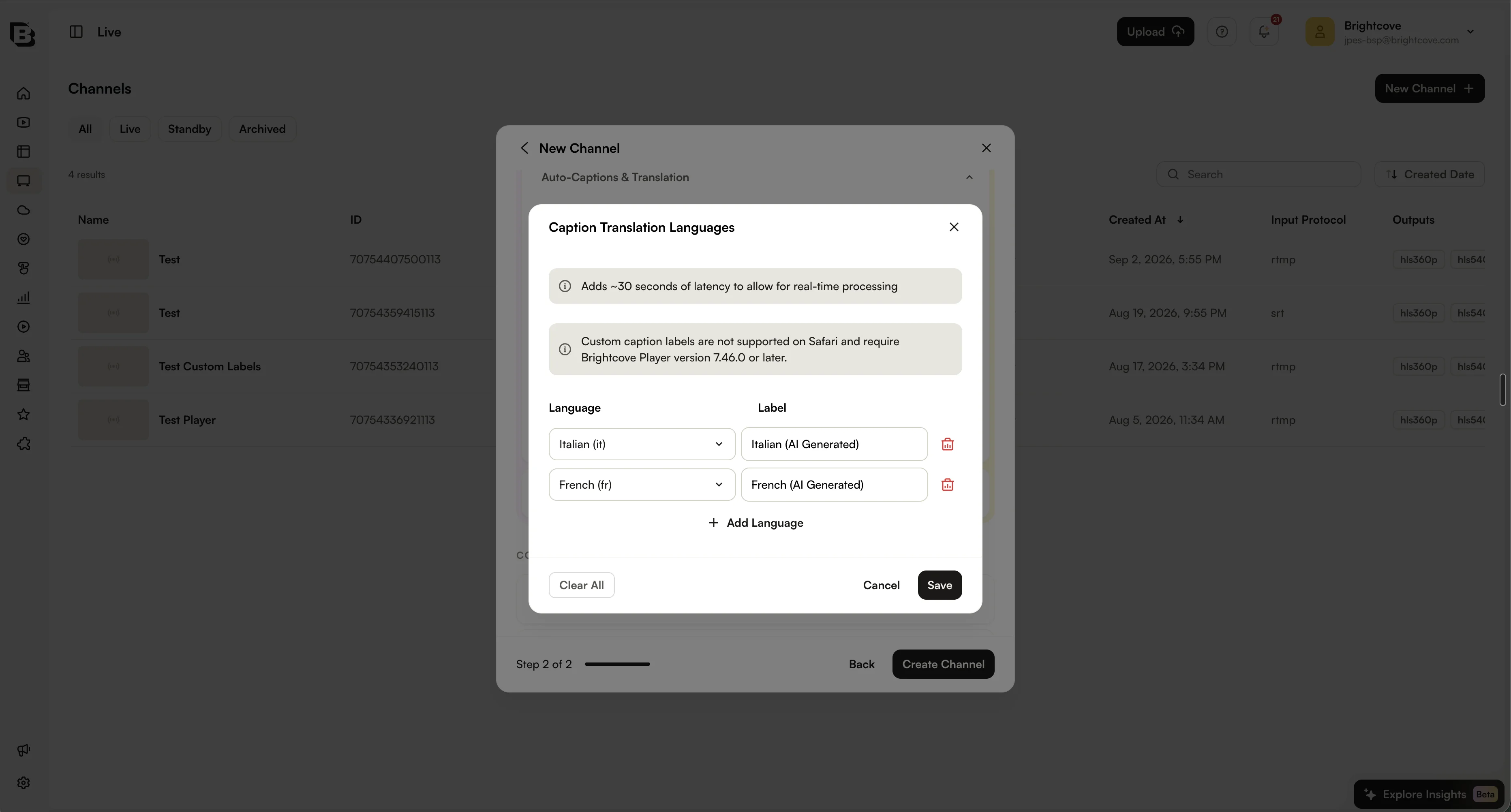 翻訳されたキャプション トラックにカスタム ラベルが入力された Caption Translation Languages ダイアログ