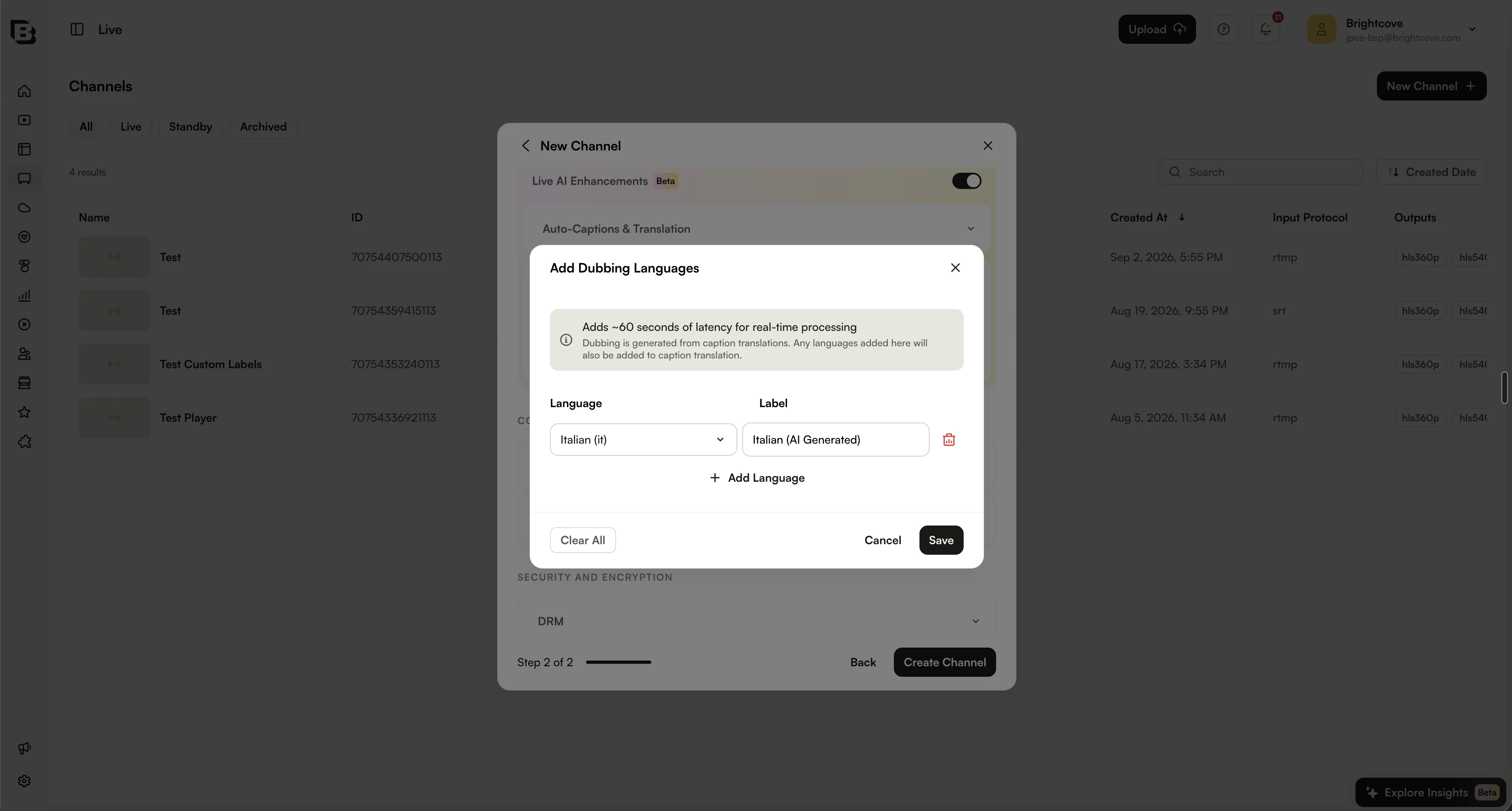 吹き替え音声トラックにカスタム ラベルが入力された Add Dubbing Languages ダイアログ