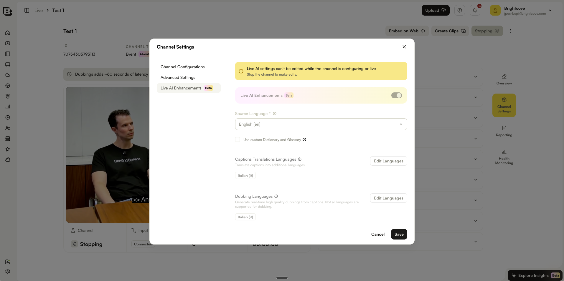 ライブ中は Live AI 設定を編集できないことを示す Channel Settings