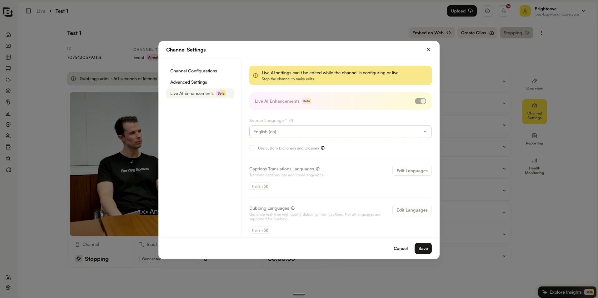 ライブ中は Live AI 設定を編集できないことを示す Channel Settings