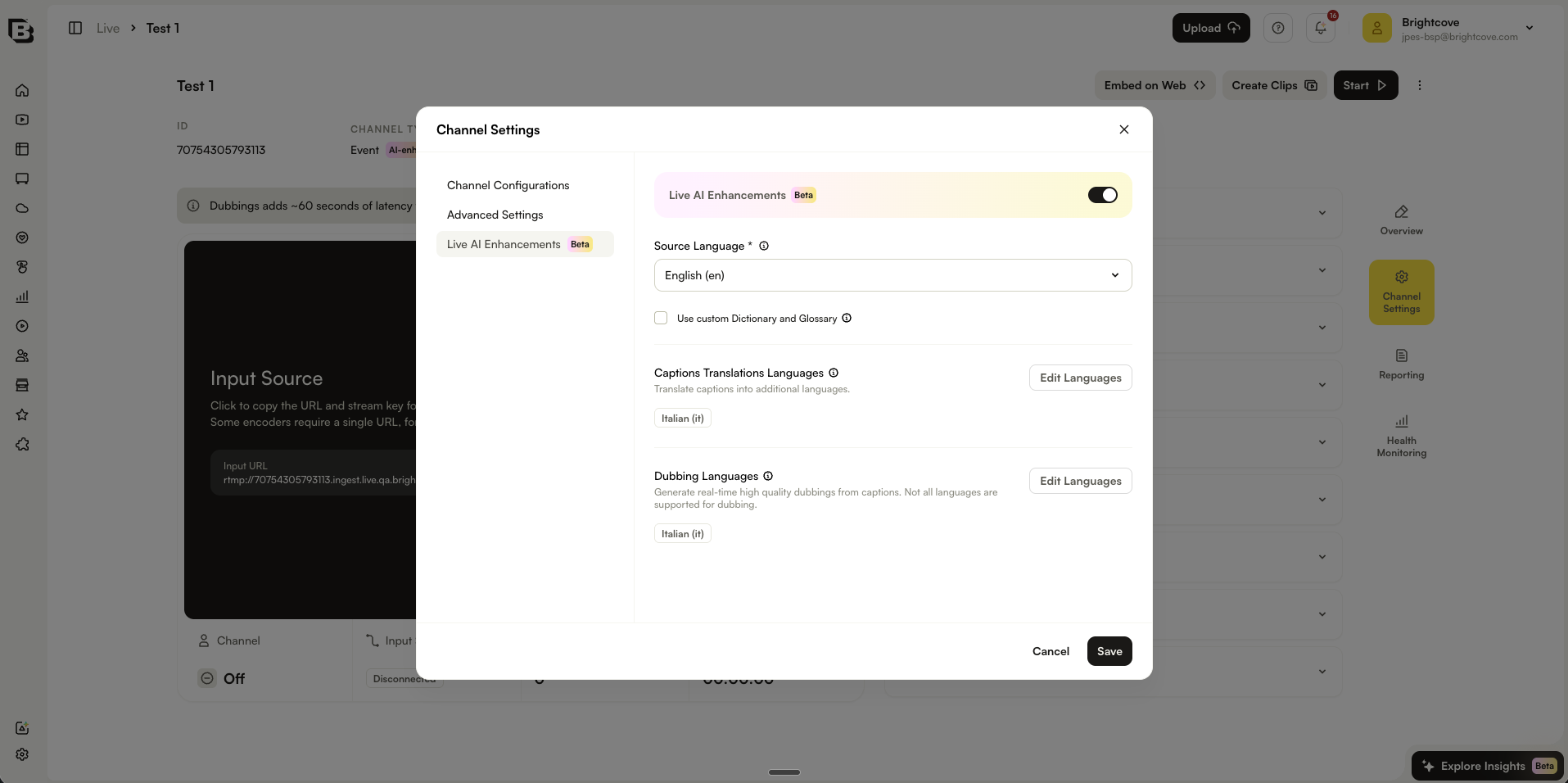 編集可能な Live AI 設定を表示する Channel Settings