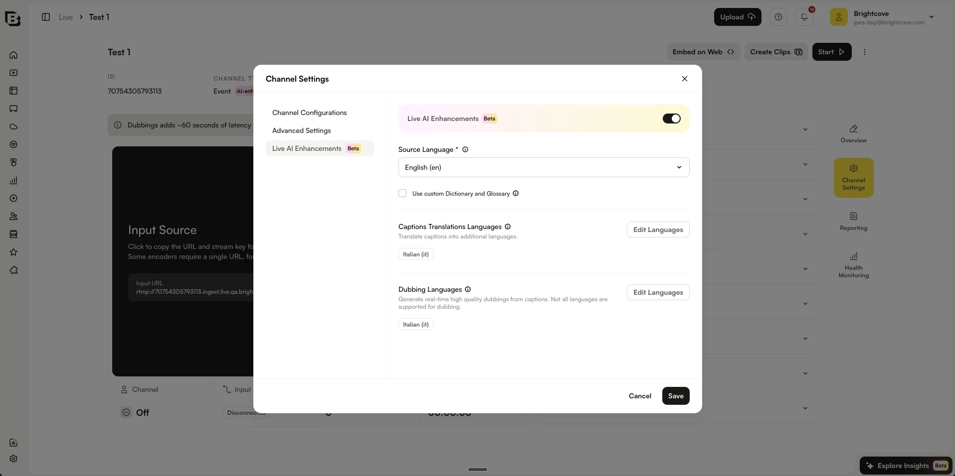 編集可能な Live AI 設定を表示する Channel Settings