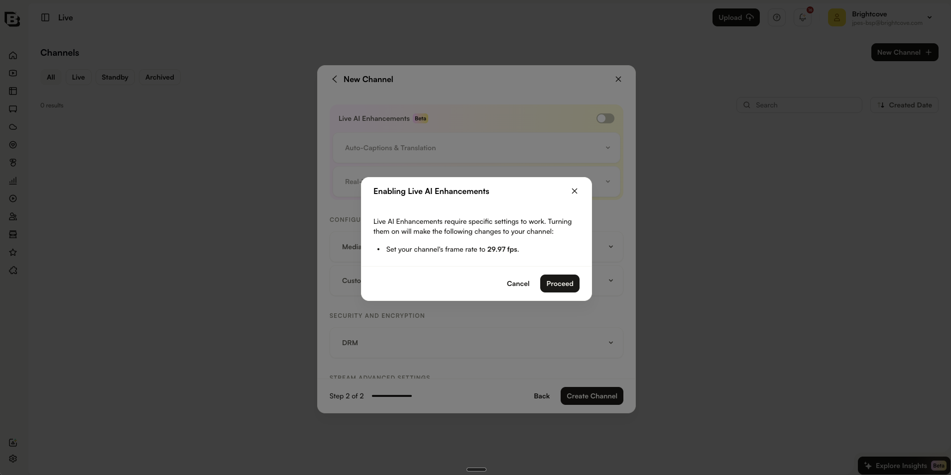 フレームレート変更を示す Enabling Live AI Enhancements ダイアログ