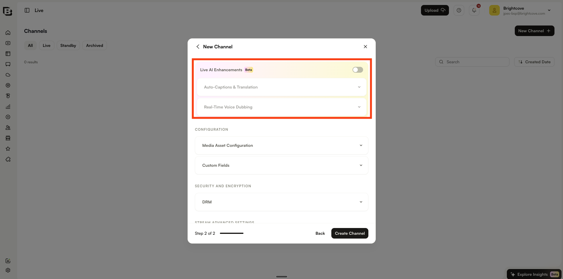 Live AI Enhancements トグルを表示する New Channel ダイアログ