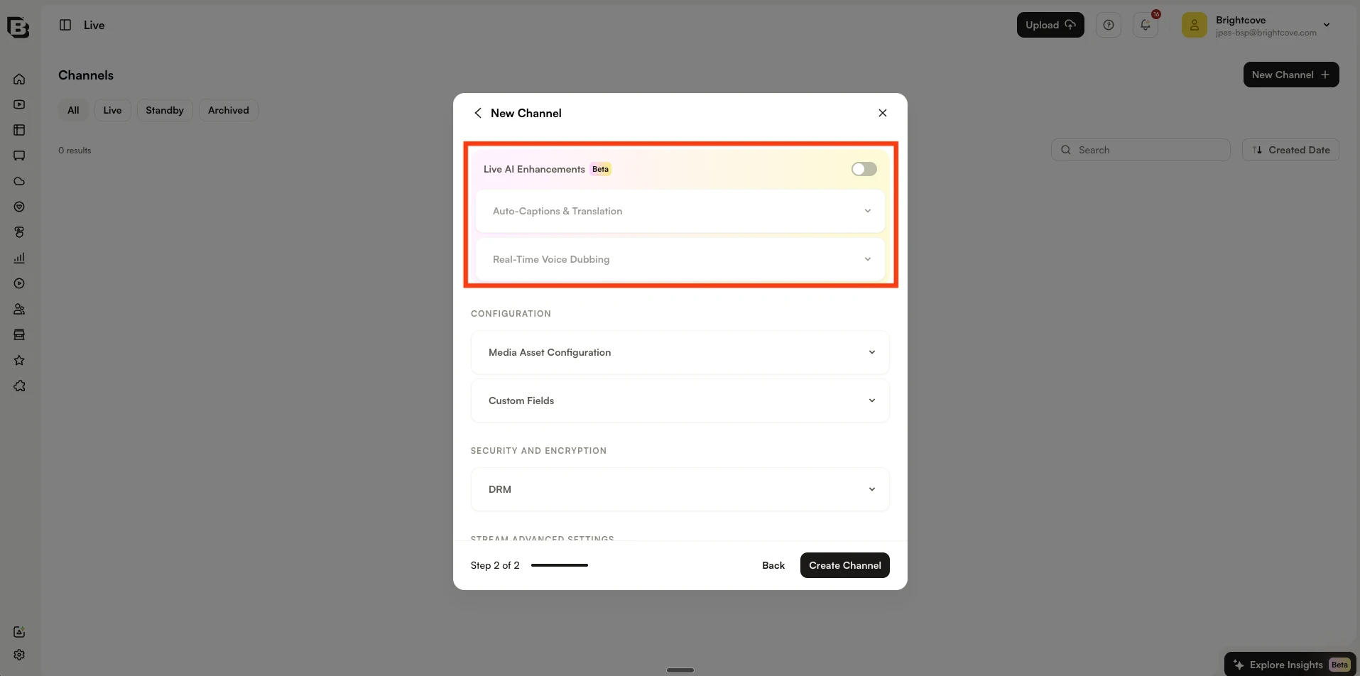 Live AI Enhancements トグルを表示する New Channel ダイアログ