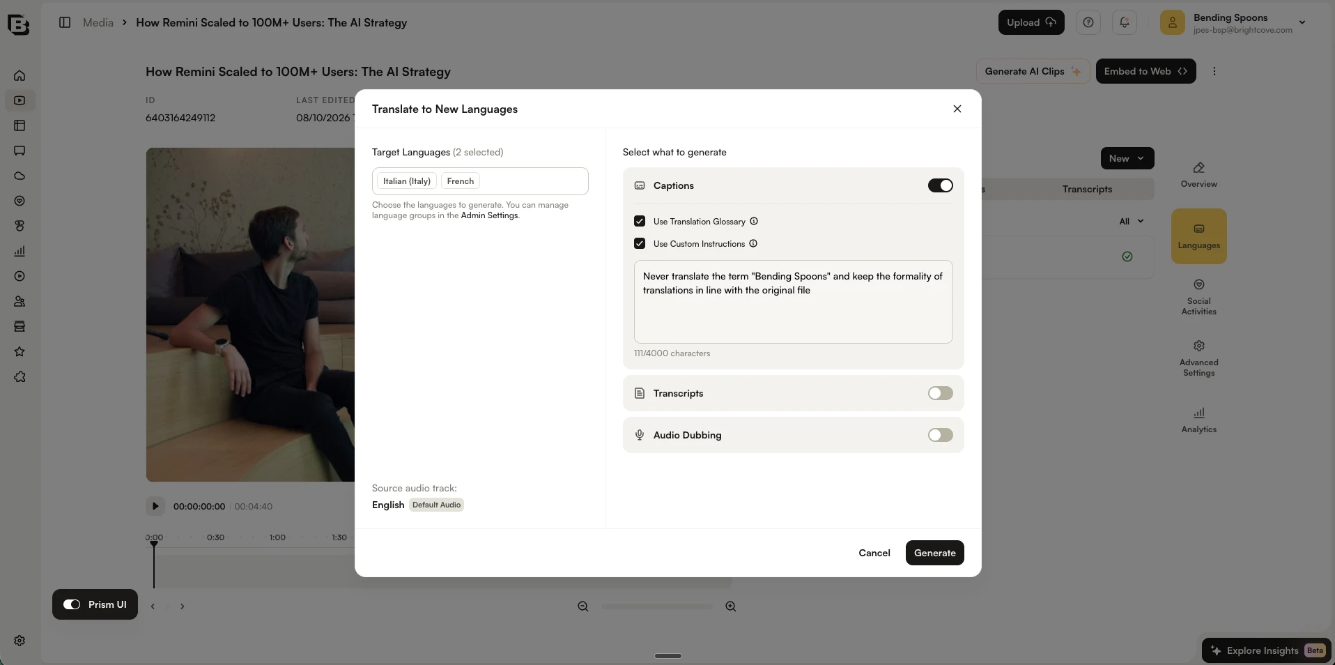 Use Translation Glossary と Use Custom Instructions のオプションが表示された Translate to New Languages ダイアログ