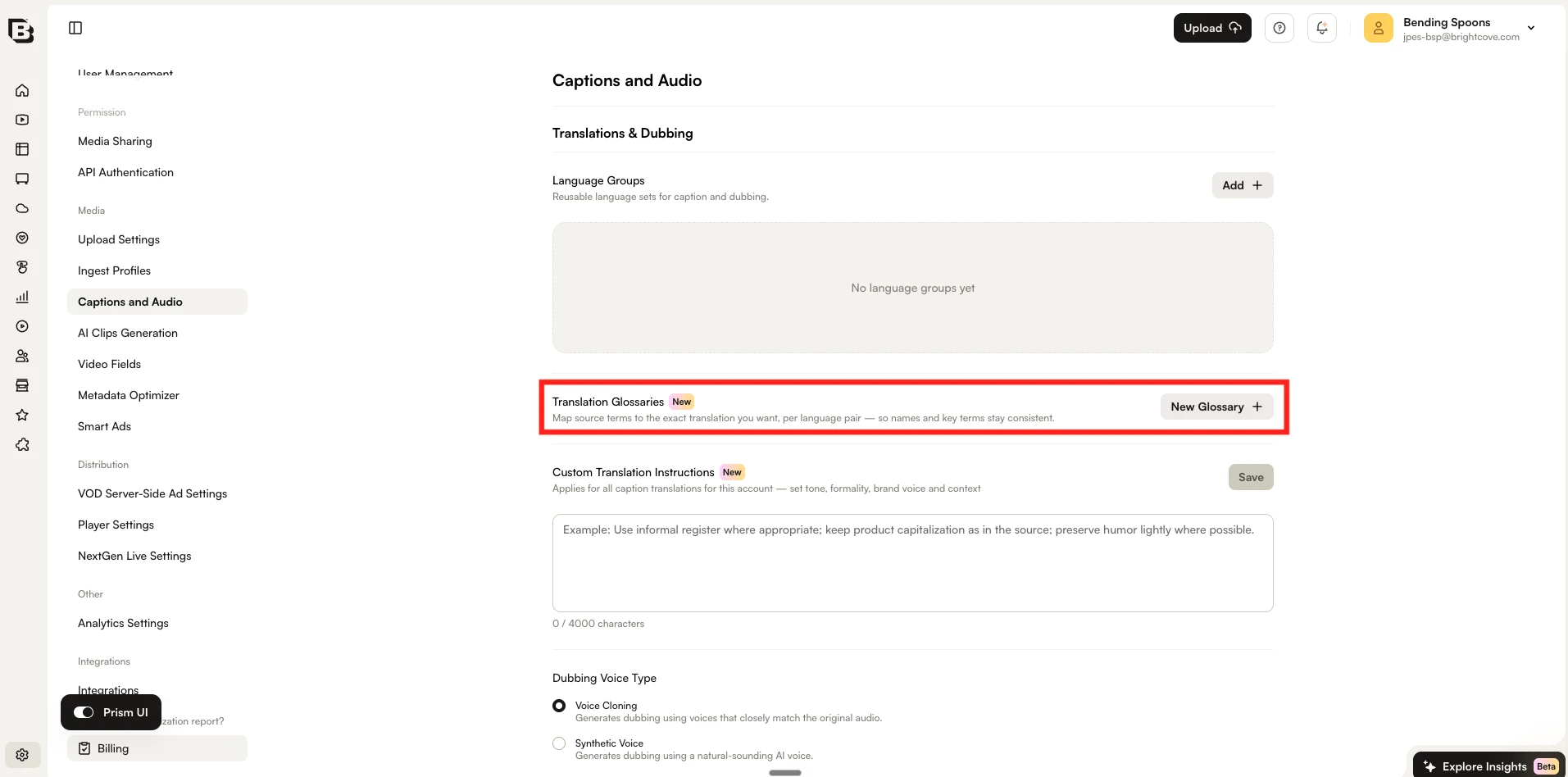 Translation Glossaries と Custom Translation Instructions のオプションが表示された Translations and Dubbing セクション