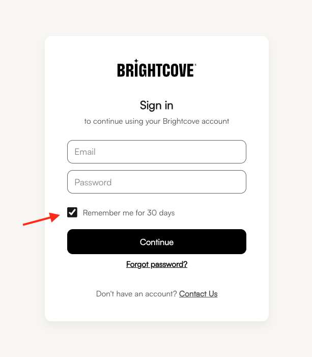 Brightcove ログインフォームの「30 日間このコンピューターを信頼する」チェックボックス