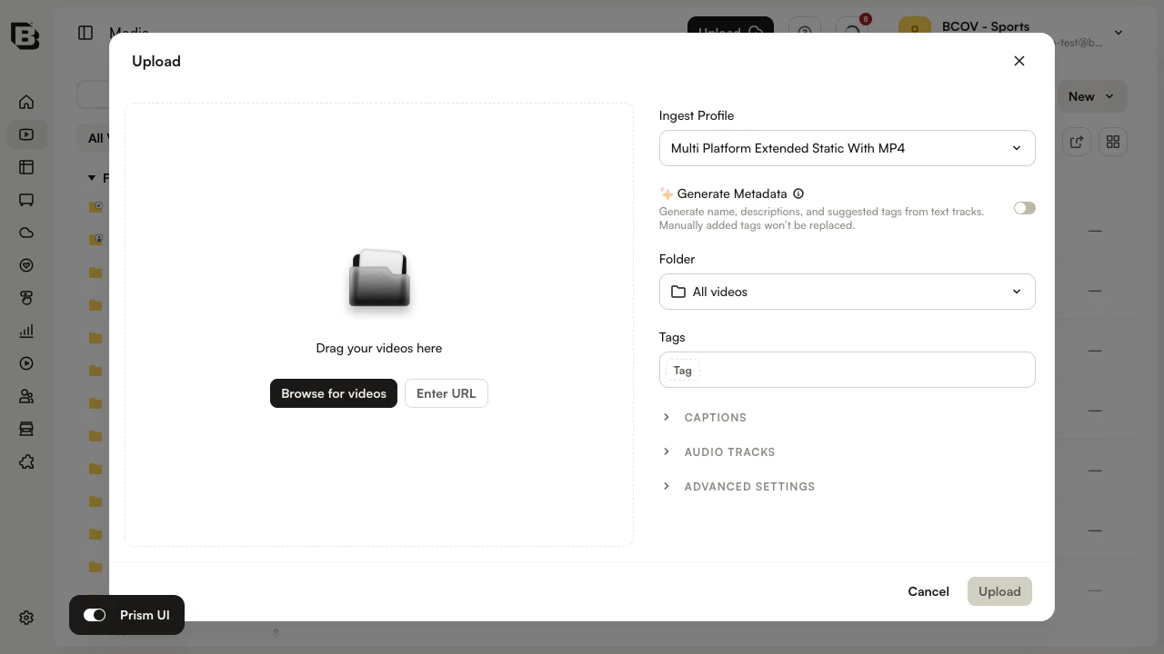 動画を参照と URL を入力のオプション、および取り込みプロファイル セレクタが表示された Upload パネル