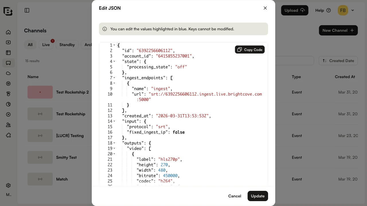 チャンネル設定の JSON エディター