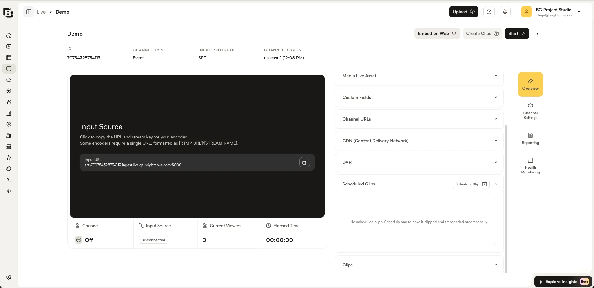 Control Room の Overview タブで展開された Scheduled Clips カード。Clips カードの直上にあり、ヘッダーに Schedule Clip ボタンが表示されている