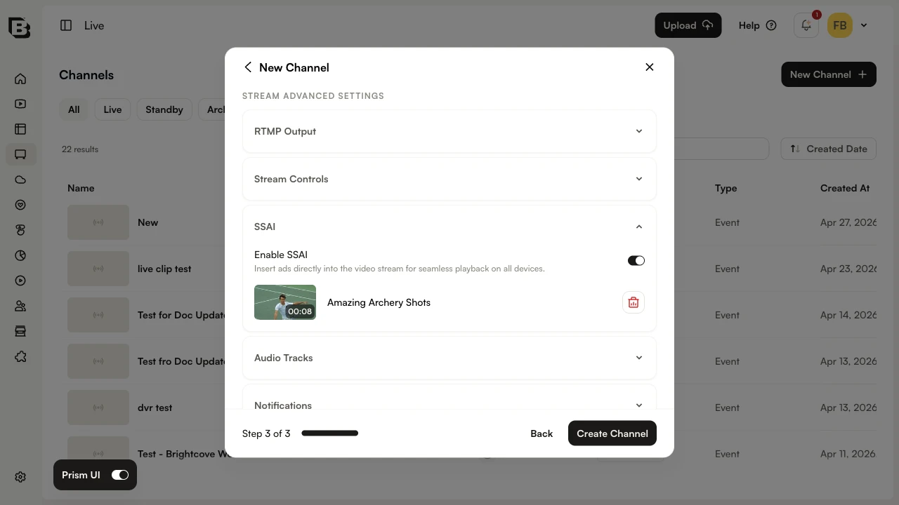 Enable SSAI がオンになり、フィルスレートアセットが選択され、Enable pre-roll ads がオンになり、Max pre-roll duration フィールドが 90 秒に設定された New Channel ダイアログの SSAI セクション