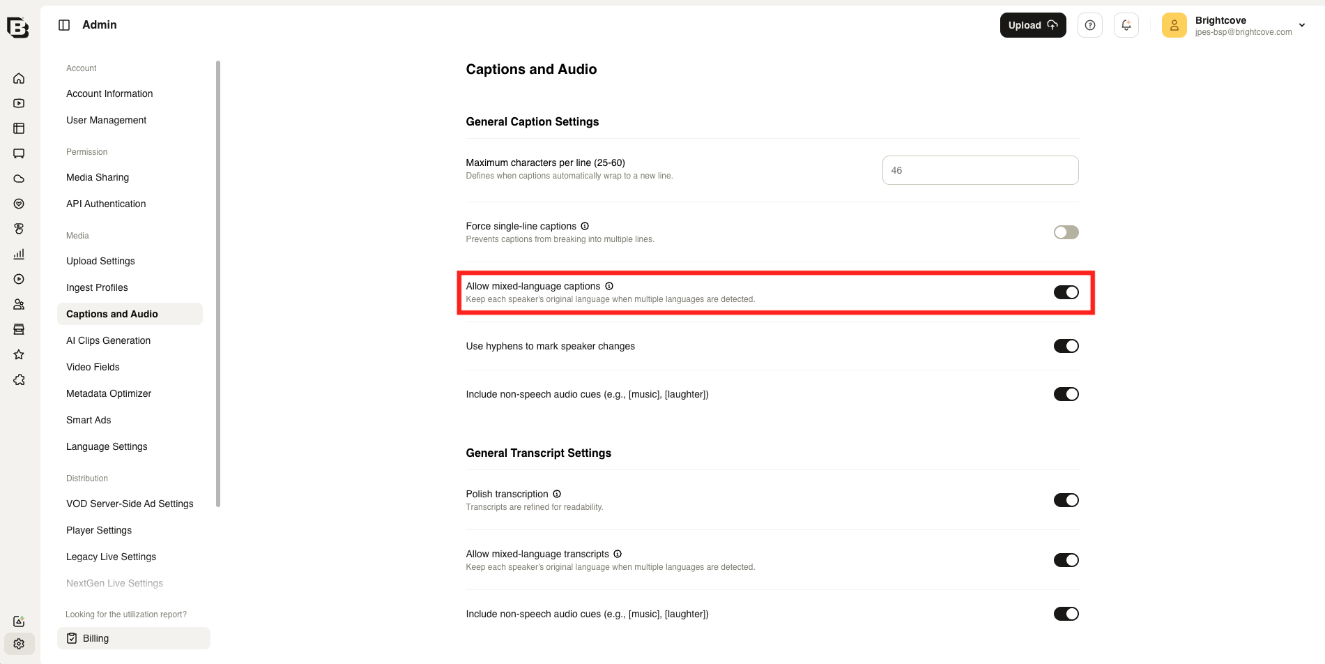 Admin Captions and Audio page with Allow mixed-language captions toggle under General Caption Settings
