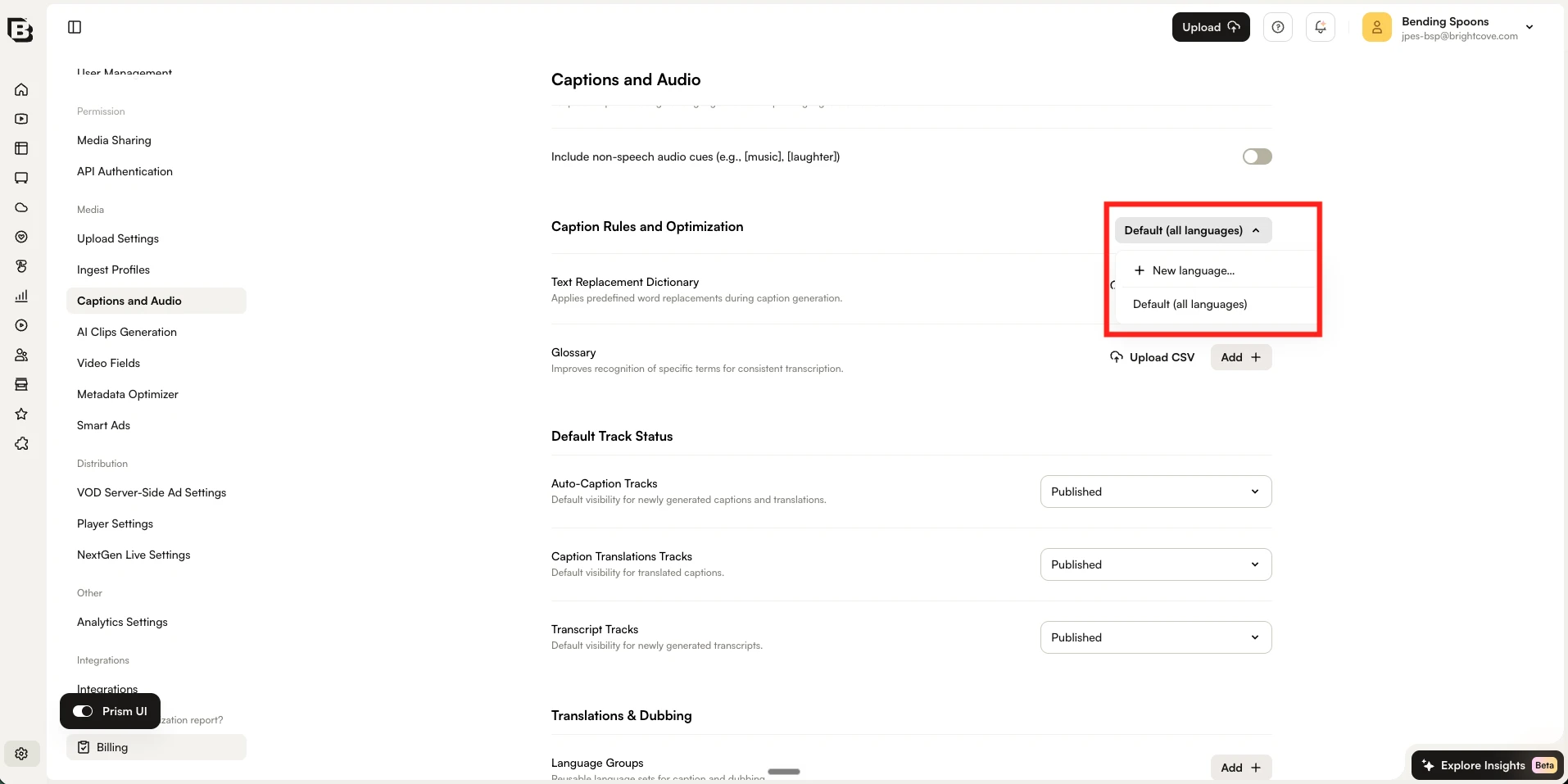 New language オプションが表示された Caption Rules and Optimization の言語ドロップダウン