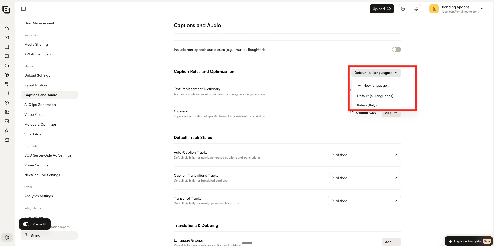 Default (all languages) と新しく作成した言語が表示された言語ドロップダウン