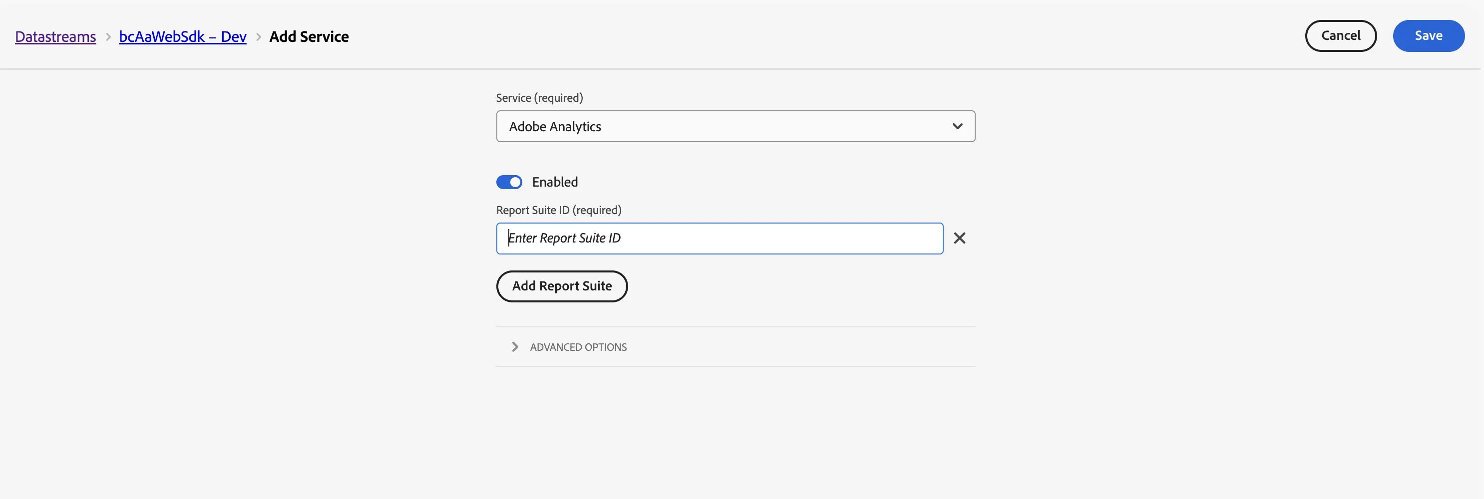 Adobe Analytics サービスをデータストリームに追加し、Report Suite ID フィールドを表示