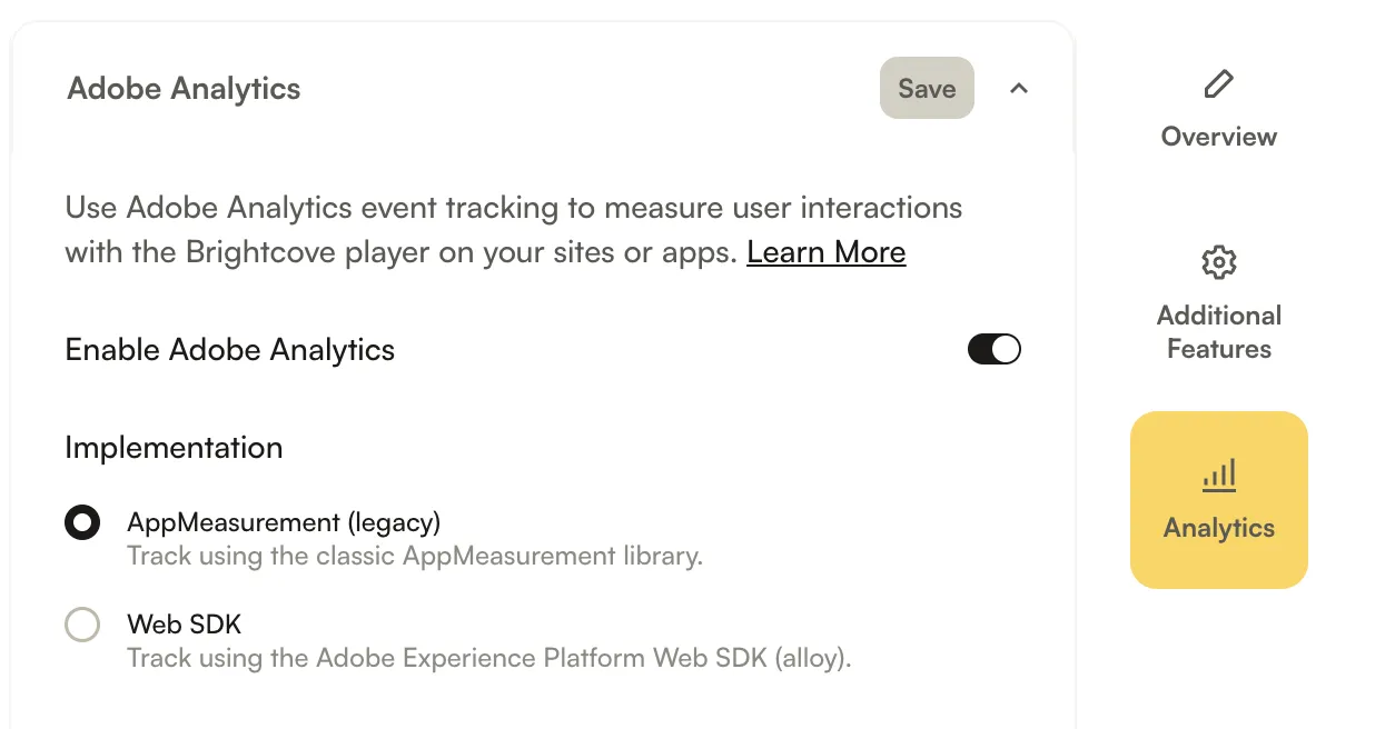 Players モジュールの Adobe Analytics 設定にある実装方式セレクター(AppMeasurement (legacy) と Web SDK のオプション)
