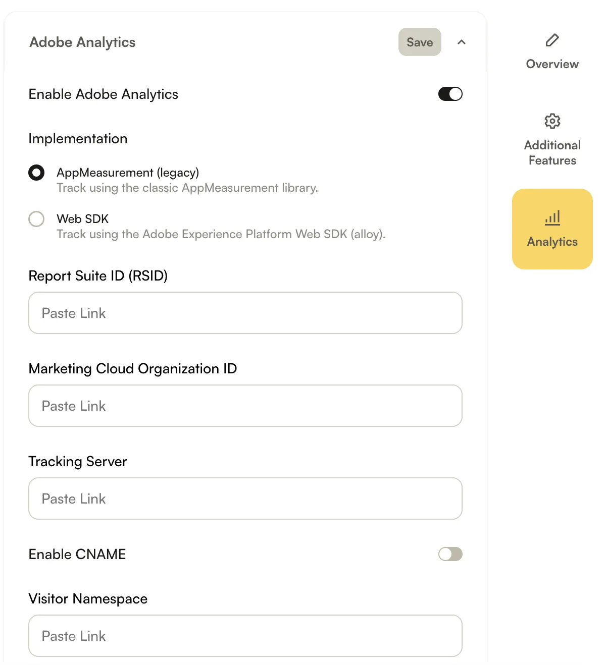 Players モジュールの AppMeasurement (legacy) 接続フィールド: Report Suite ID、Marketing Cloud Organization ID、Tracking Server、Enable CNAME、Visitor Namespace