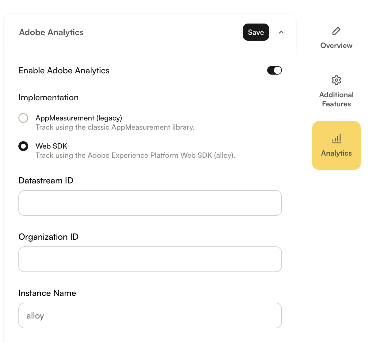 Players モジュールの Web SDK 接続フィールド: Datastream ID、Organization ID、Instance Name